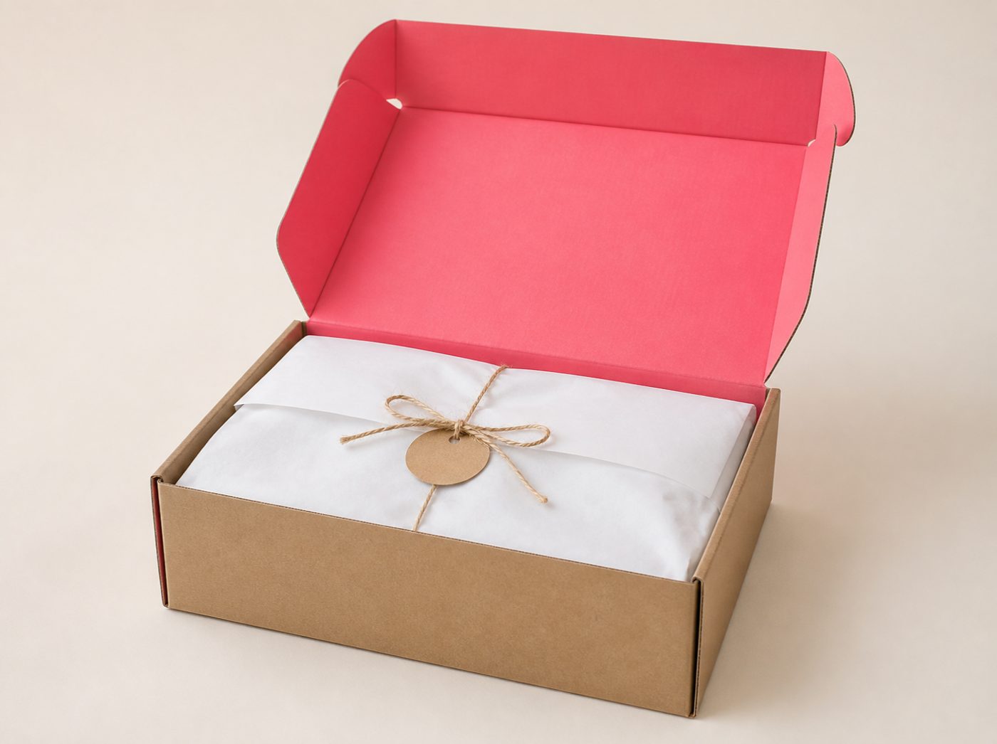 Caixa de envio kraft aberta, com interior coral e papel de seda